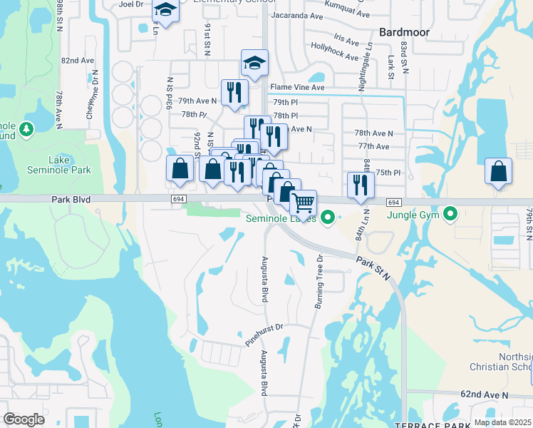map of restaurants, bars, coffee shops, grocery stores, and more near 7300 Park Street North in Seminole