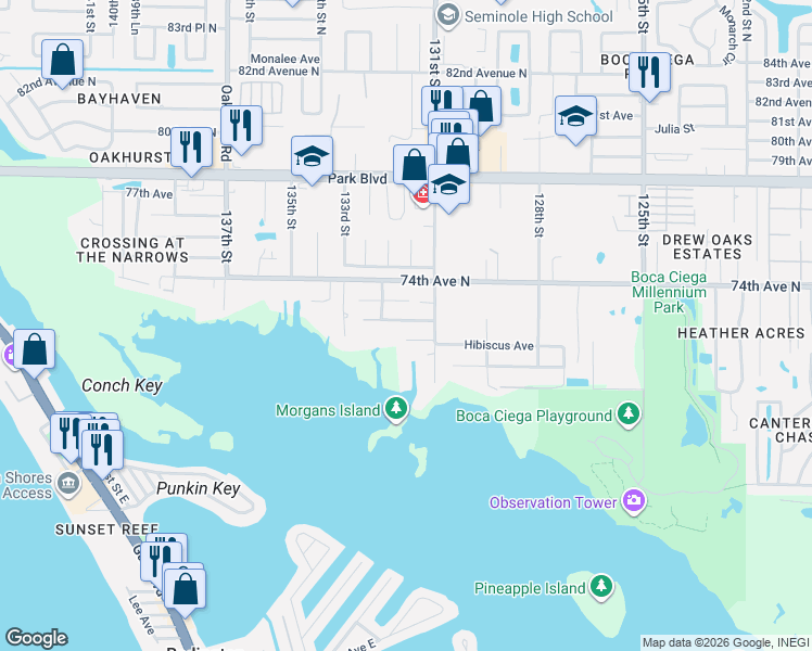 map of restaurants, bars, coffee shops, grocery stores, and more near 13198 72nd Terrace North in Seminole