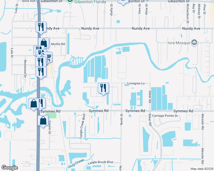 map of restaurants, bars, coffee shops, grocery stores, and more near 7612 Sunshine Bridge Avenue in Gibsonton