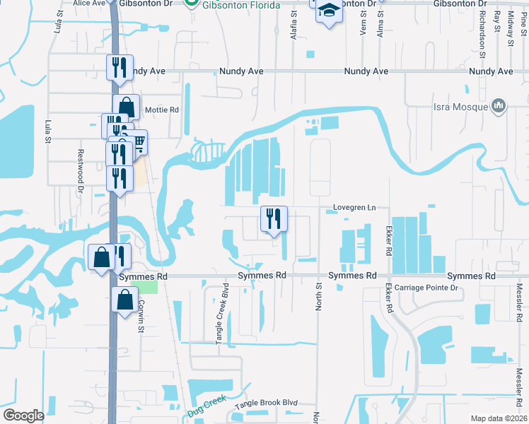 map of restaurants, bars, coffee shops, grocery stores, and more near 7510 Sunshine Bridge Avenue in Gibsonton