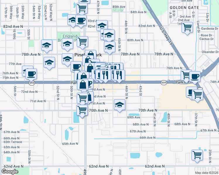 map of restaurants, bars, coffee shops, grocery stores, and more near 4617 73rd Avenue North in Pinellas Park