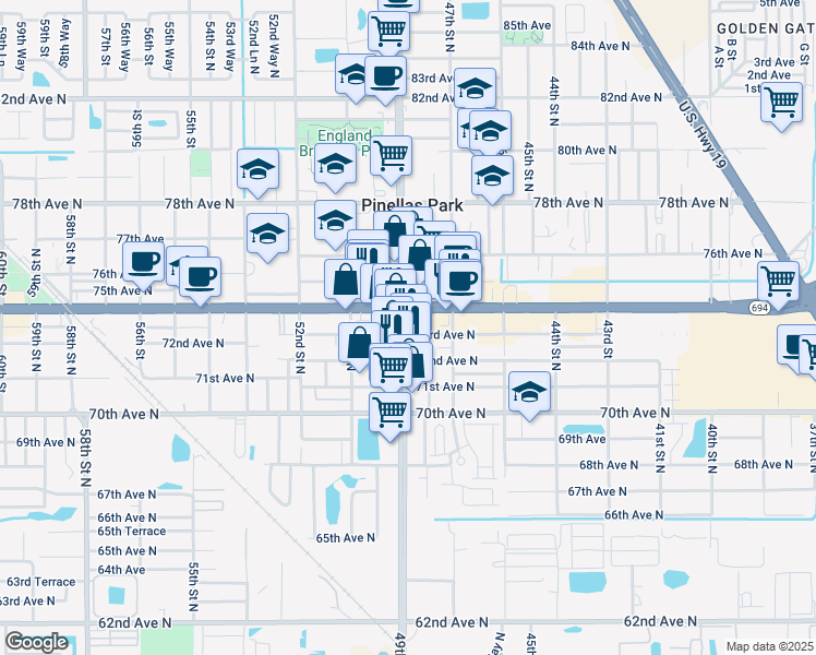 map of restaurants, bars, coffee shops, grocery stores, and more near 7317 49th Street North in Pinellas Park