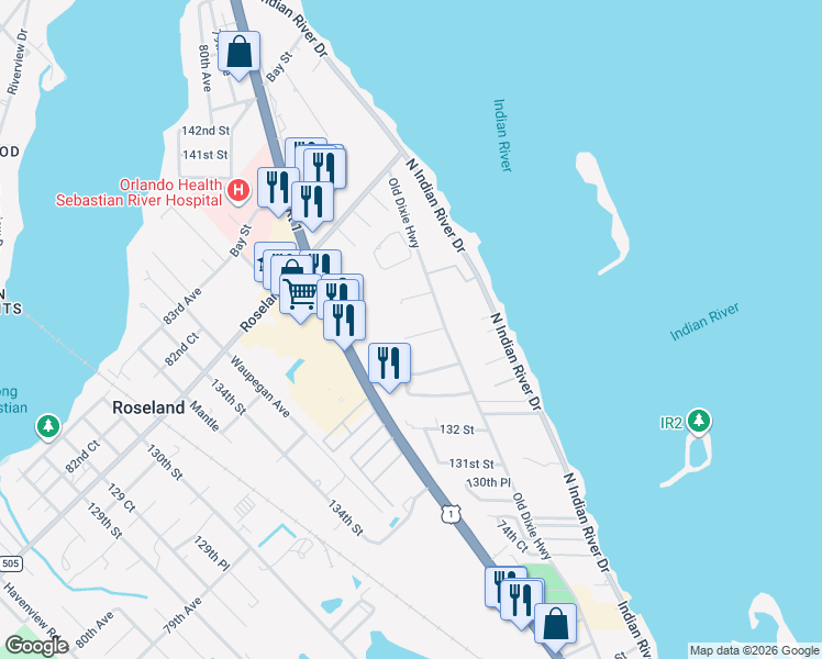 map of restaurants, bars, coffee shops, grocery stores, and more near 7646 134th Street in Sebastian