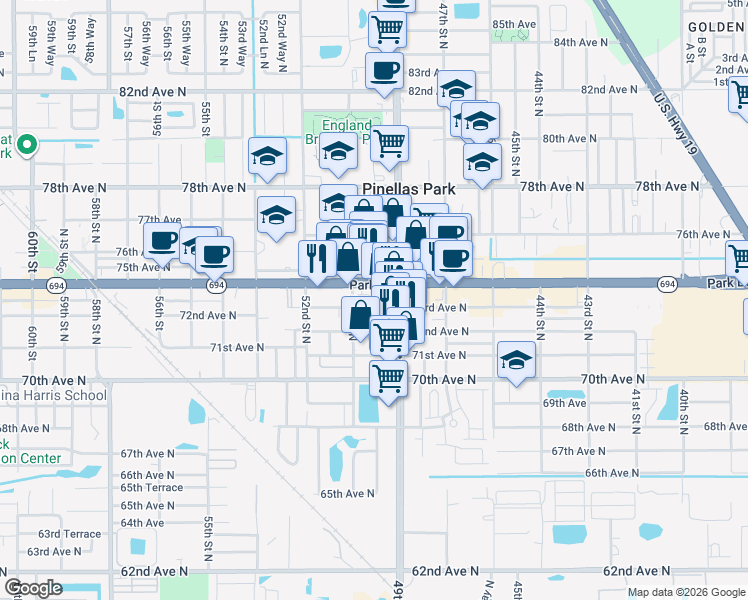 map of restaurants, bars, coffee shops, grocery stores, and more near 4941 73rd Avenue North in Pinellas Park