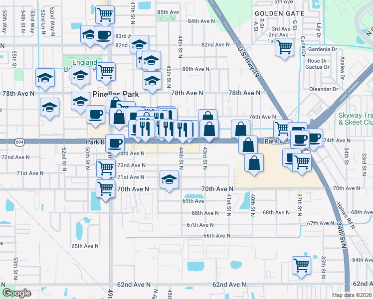 map of restaurants, bars, coffee shops, grocery stores, and more near 4381 73rd Ave N in Pinellas Park
