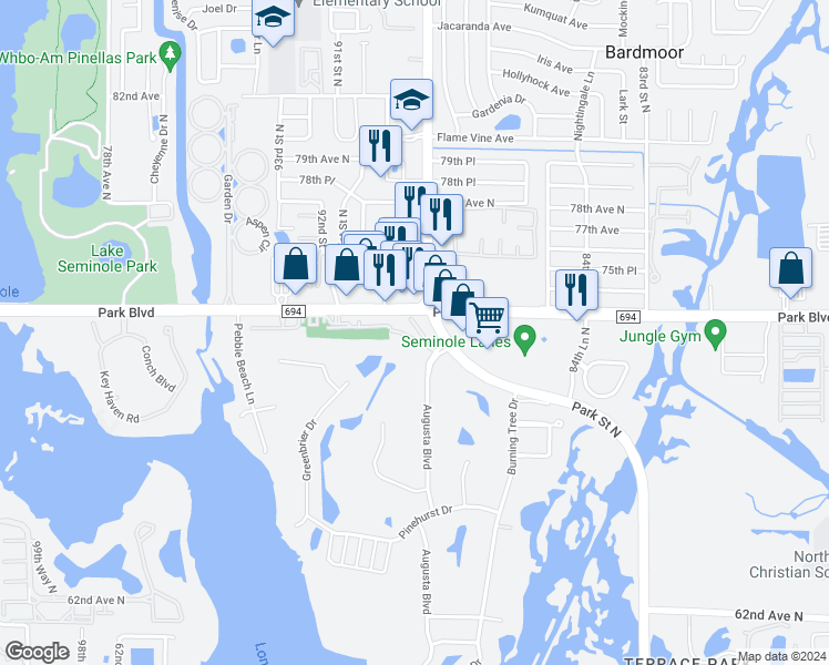 map of restaurants, bars, coffee shops, grocery stores, and more near 7300 Park Street North in Seminole