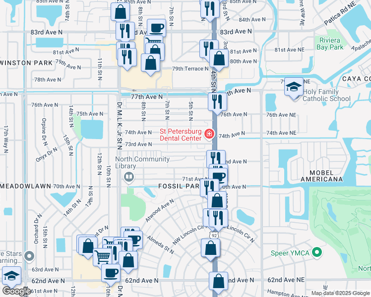 map of restaurants, bars, coffee shops, grocery stores, and more near 7294 5th Street North in St. Petersburg