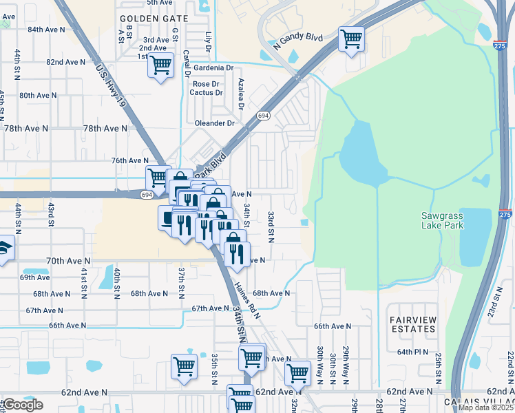 map of restaurants, bars, coffee shops, grocery stores, and more near 7316 33rd Street North in St. Petersburg