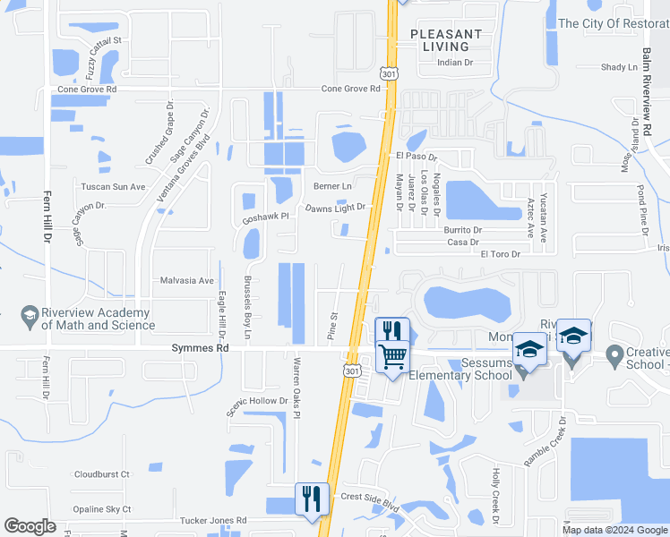 map of restaurants, bars, coffee shops, grocery stores, and more near 11303 Pine Street in Riverview