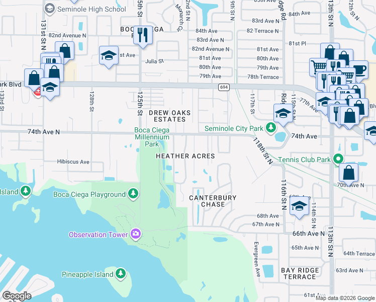 map of restaurants, bars, coffee shops, grocery stores, and more near 7265 122nd Way in Seminole
