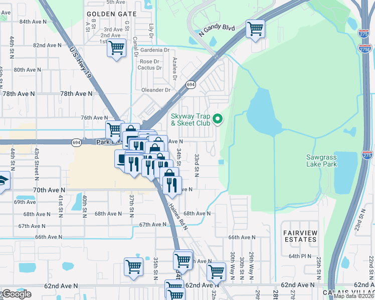 map of restaurants, bars, coffee shops, grocery stores, and more near 7311 Cedar Court in St. Petersburg
