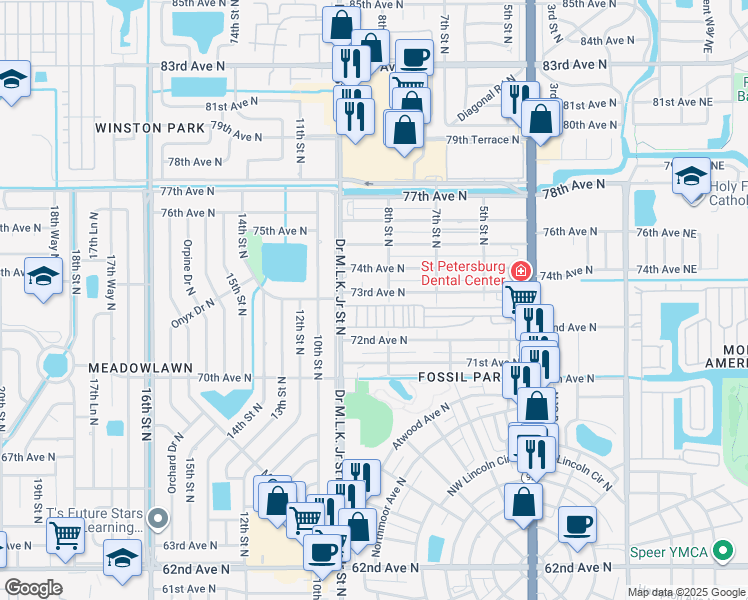 map of restaurants, bars, coffee shops, grocery stores, and more near 834 73rd Ave N in St Petersburg