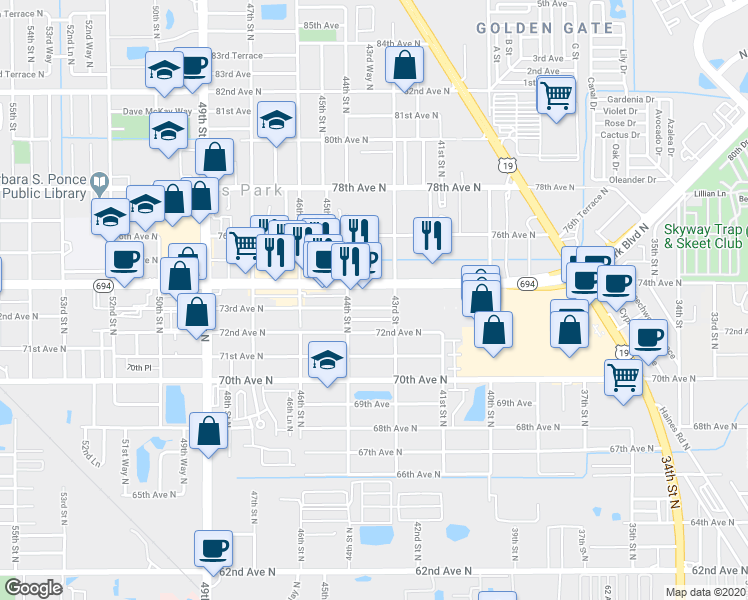 map of restaurants, bars, coffee shops, grocery stores, and more near 4381 73rd Avenue North in Pinellas Park