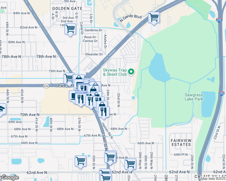 map of restaurants, bars, coffee shops, grocery stores, and more near 7316 33rd Street North in St. Petersburg