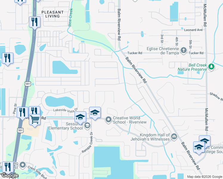 map of restaurants, bars, coffee shops, grocery stores, and more near 11237 Cocoa Beach Drive in Riverview