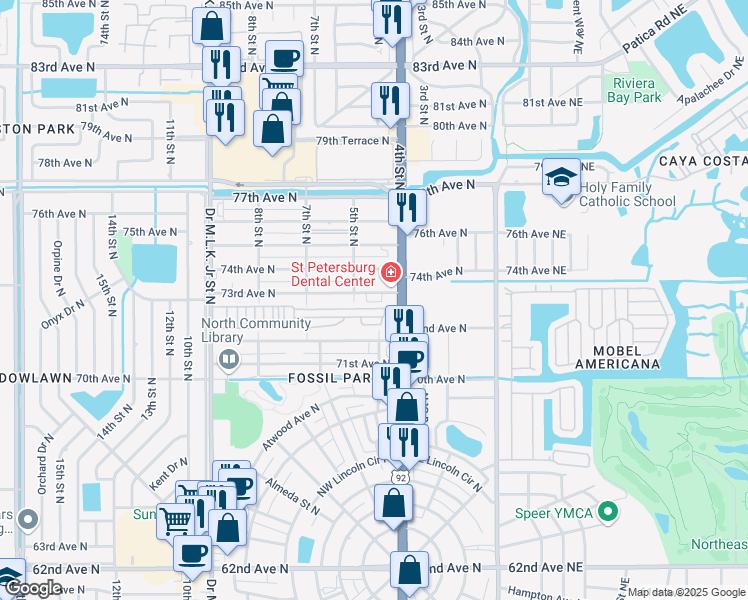 map of restaurants, bars, coffee shops, grocery stores, and more near 416 73rd Avenue North in St. Petersburg