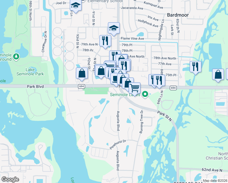 map of restaurants, bars, coffee shops, grocery stores, and more near 8950 Park Boulevard in Seminole