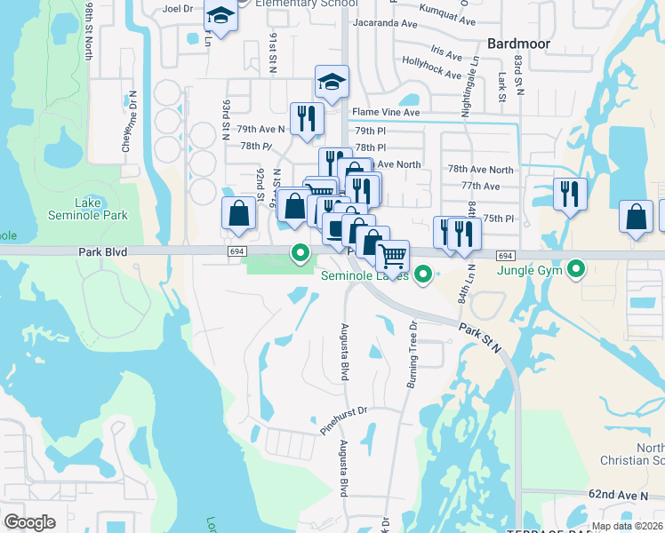 map of restaurants, bars, coffee shops, grocery stores, and more near 8950 Park Boulevard North in Seminole