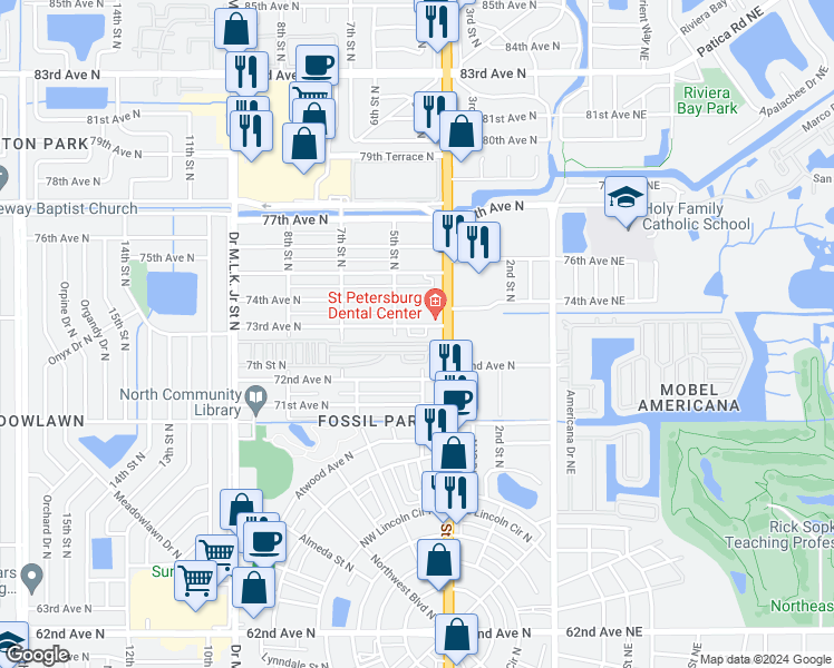 map of restaurants, bars, coffee shops, grocery stores, and more near 416 73rd Avenue North in St. Petersburg