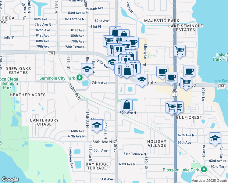 map of restaurants, bars, coffee shops, grocery stores, and more near 11301 72nd Terrace North in Seminole