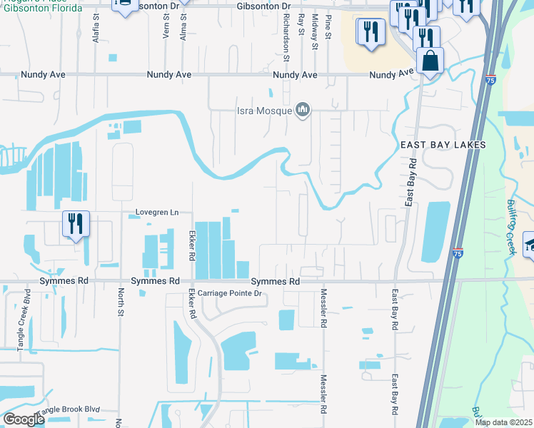 map of restaurants, bars, coffee shops, grocery stores, and more near 11311 Spivey Road in Gibsonton