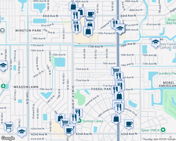 map of restaurants, bars, coffee shops, grocery stores, and more near 762 73rd Avenue North in St. Petersburg