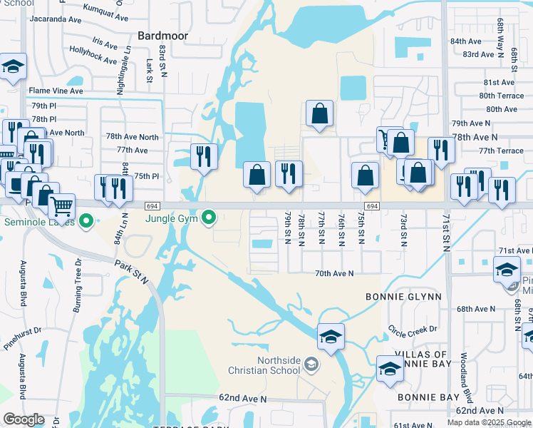 map of restaurants, bars, coffee shops, grocery stores, and more near 7950 Park Boulevard in Pinellas Park