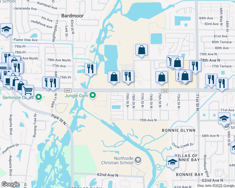 map of restaurants, bars, coffee shops, grocery stores, and more near 7950 Park Boulevard North in Pinellas Park