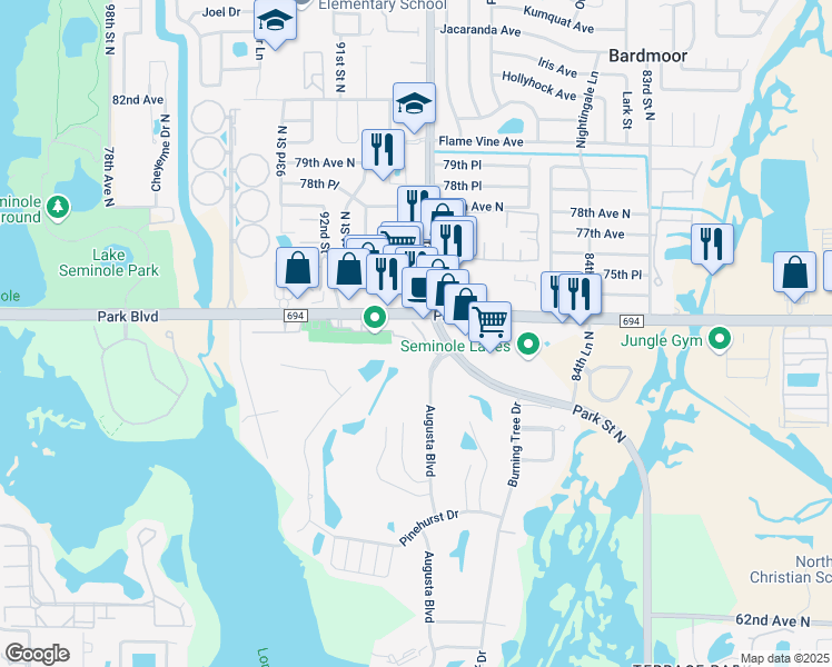 map of restaurants, bars, coffee shops, grocery stores, and more near 7300 Park Street North in Seminole
