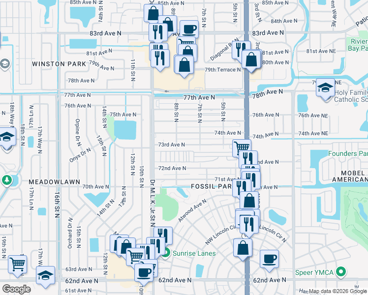 map of restaurants, bars, coffee shops, grocery stores, and more near 762 73rd Avenue North in St. Petersburg