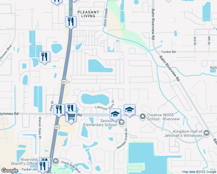 map of restaurants, bars, coffee shops, grocery stores, and more near 10411 Lakeside Vista Drive in Riverview