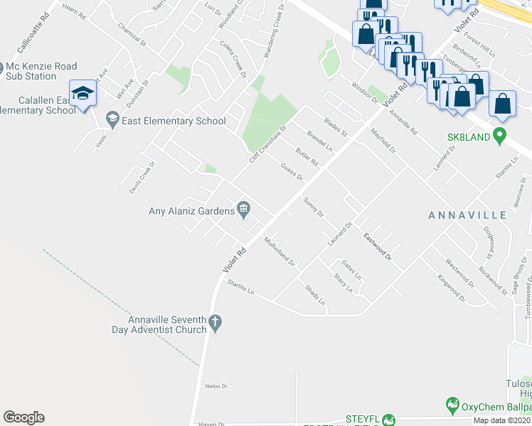 map of restaurants, bars, coffee shops, grocery stores, and more near 3838 Violet Road in Corpus Christi