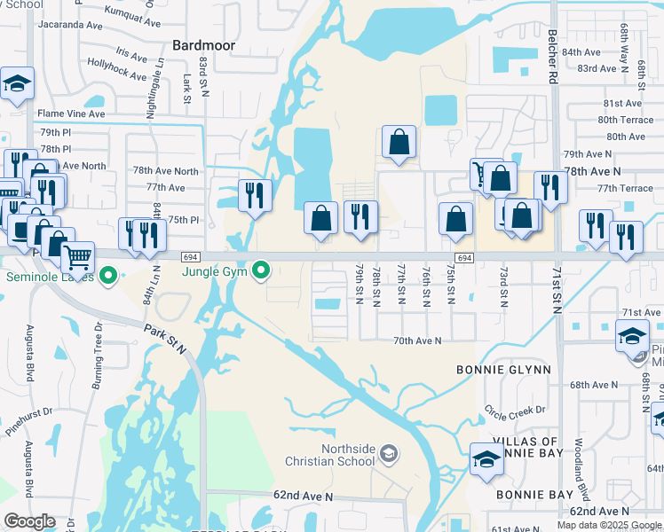 map of restaurants, bars, coffee shops, grocery stores, and more near 7950 Park Boulevard North in Pinellas Park
