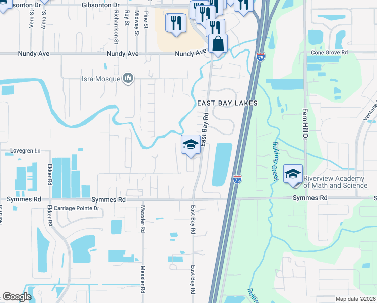 map of restaurants, bars, coffee shops, grocery stores, and more near 11211 East Bay Road in Gibsonton