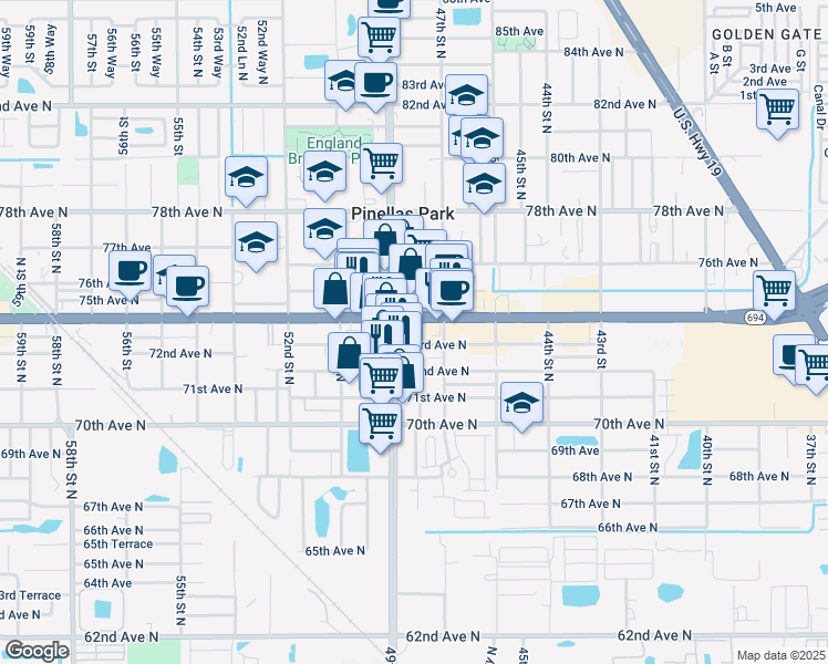 map of restaurants, bars, coffee shops, grocery stores, and more near 7317 49th Street North in Pinellas Park