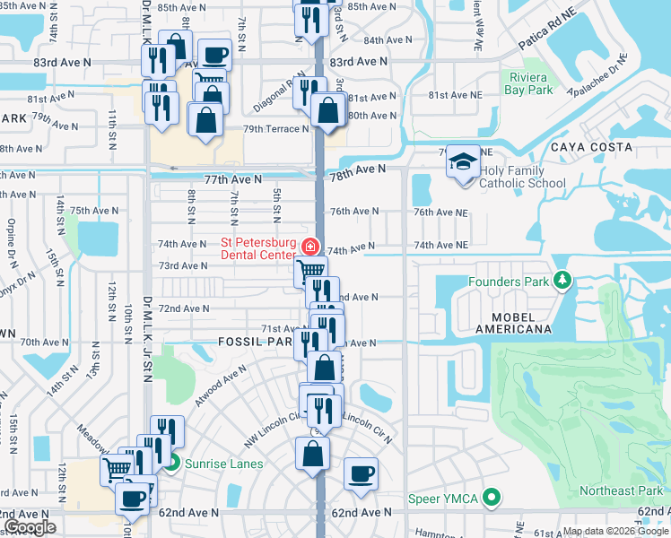 map of restaurants, bars, coffee shops, grocery stores, and more near 350 73rd Avenue North in St. Petersburg