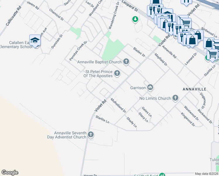 map of restaurants, bars, coffee shops, grocery stores, and more near 3801 Violet Road in Corpus Christi