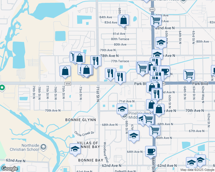 map of restaurants, bars, coffee shops, grocery stores, and more near 7036 Park Boulevard North in Seminole