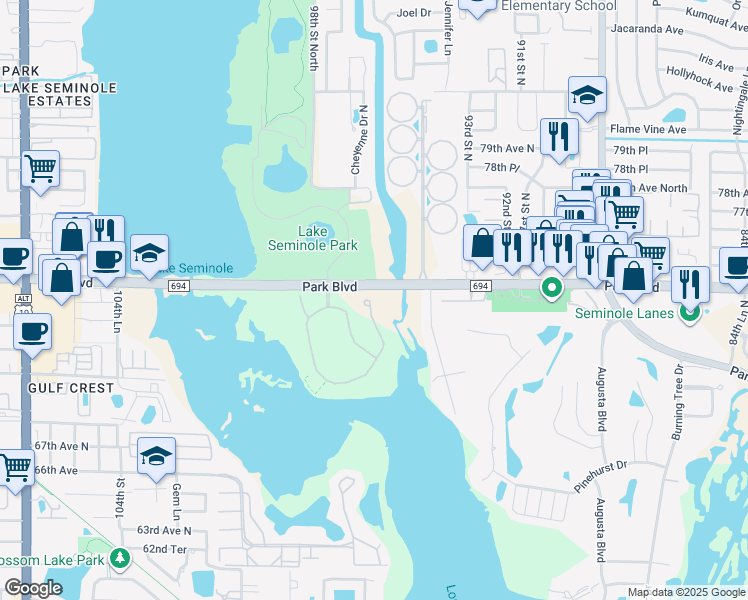 map of restaurants, bars, coffee shops, grocery stores, and more near 7389 Islamorada Circle in Seminole