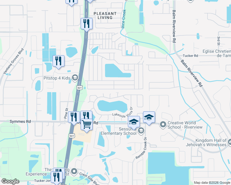 map of restaurants, bars, coffee shops, grocery stores, and more near 11101 Robin Lake Court in Riverview