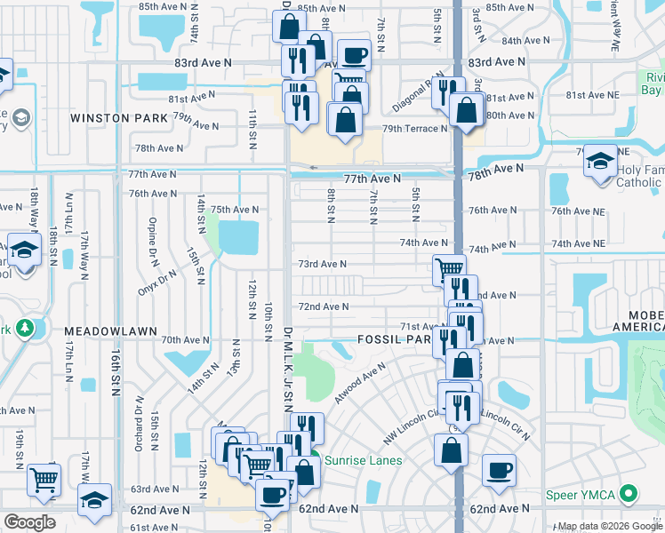 map of restaurants, bars, coffee shops, grocery stores, and more near 834 73rd Avenue North in St. Petersburg