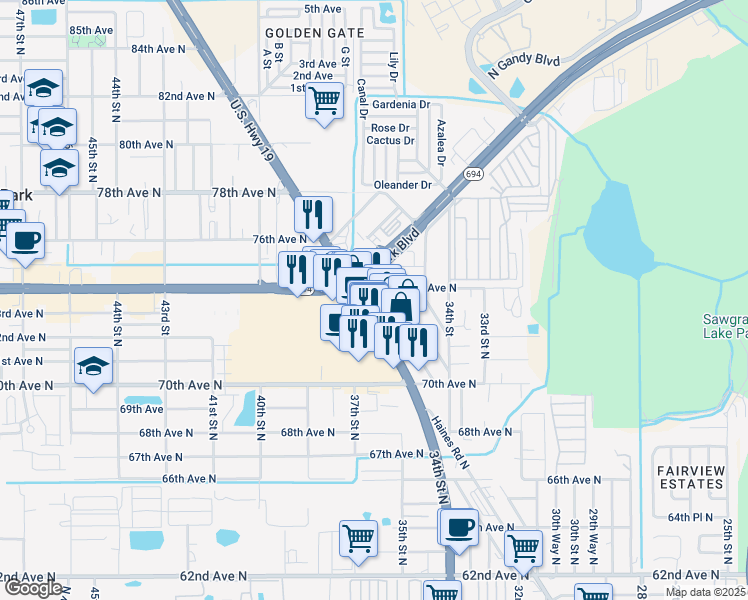 map of restaurants, bars, coffee shops, grocery stores, and more near 7301 US Highway 19 North in Pinellas Park