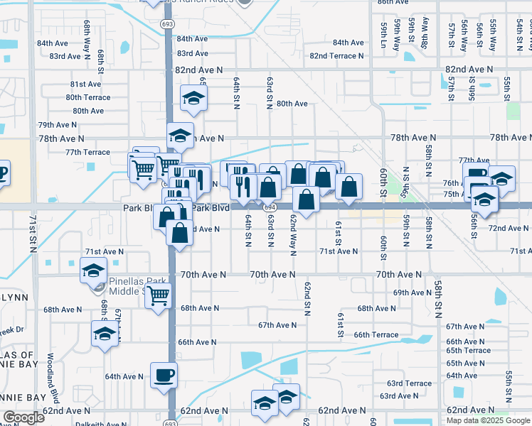 map of restaurants, bars, coffee shops, grocery stores, and more near 7281 64th Street North in Pinellas Park