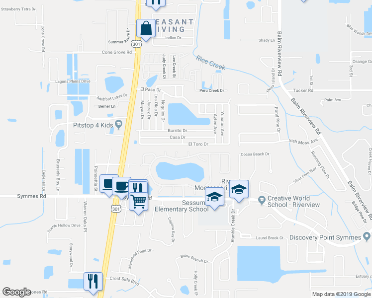 map of restaurants, bars, coffee shops, grocery stores, and more near 11101 Robin Lake Court in Riverview