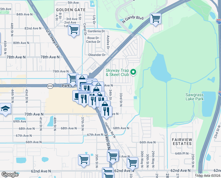 map of restaurants, bars, coffee shops, grocery stores, and more near 7339 34th Street in Saint Petersburg