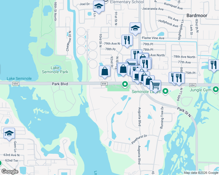 map of restaurants, bars, coffee shops, grocery stores, and more near 9200 Park Boulevard North in Seminole