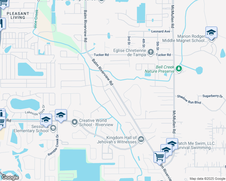 map of restaurants, bars, coffee shops, grocery stores, and more near 11253 Running Pine Drive in Riverview