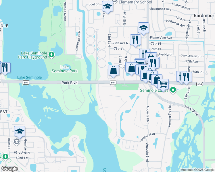 map of restaurants, bars, coffee shops, grocery stores, and more near 7773 93rd Street North in Seminole