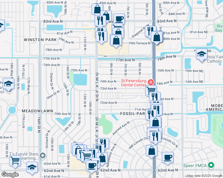 map of restaurants, bars, coffee shops, grocery stores, and more near 834 73rd Avenue North in St. Petersburg