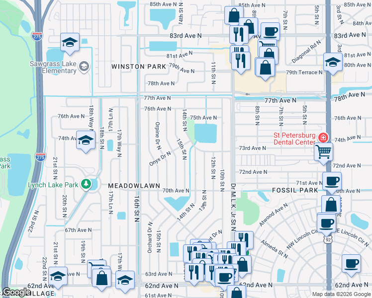 map of restaurants, bars, coffee shops, grocery stores, and more near 7256 15th Street North in St. Petersburg